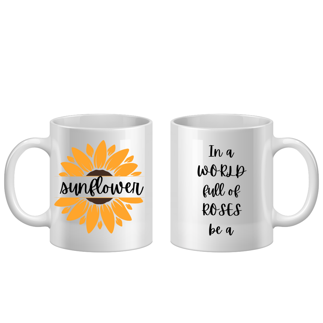 Two white mugs with sunflower design and text on a white background