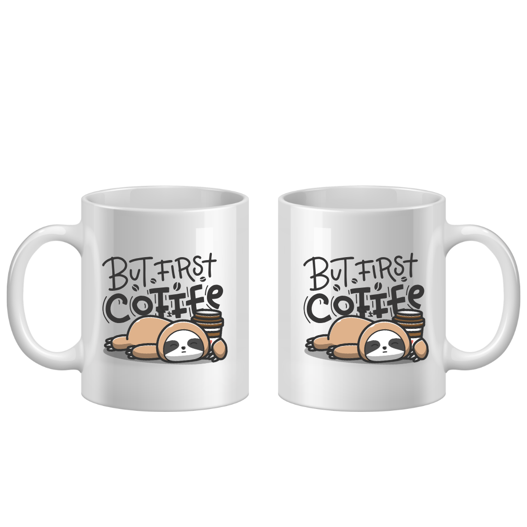 Two white mugs with a sloth design and 'But First Coffee' text on a white background