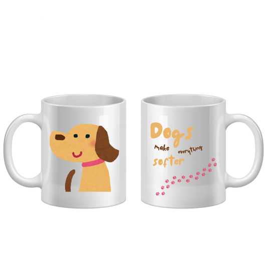 Two white mugs with a cartoon dog and text on a white background