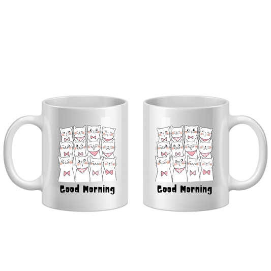 Two white mugs with cat illustrations and 'Good Morning' text on a white background