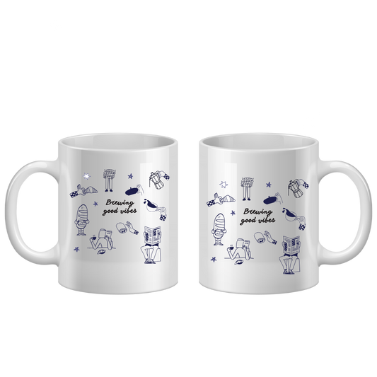 Two white mugs with blue illustrations and text on a white background