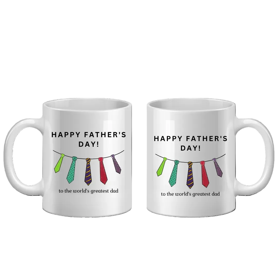 Two white mugs with 'Happy Father's Day' text and tie designs on a white background