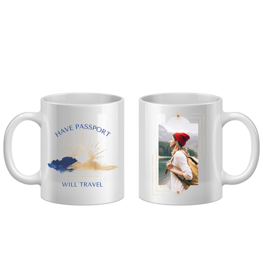 Two white mugs with travel-themed designs on a white background