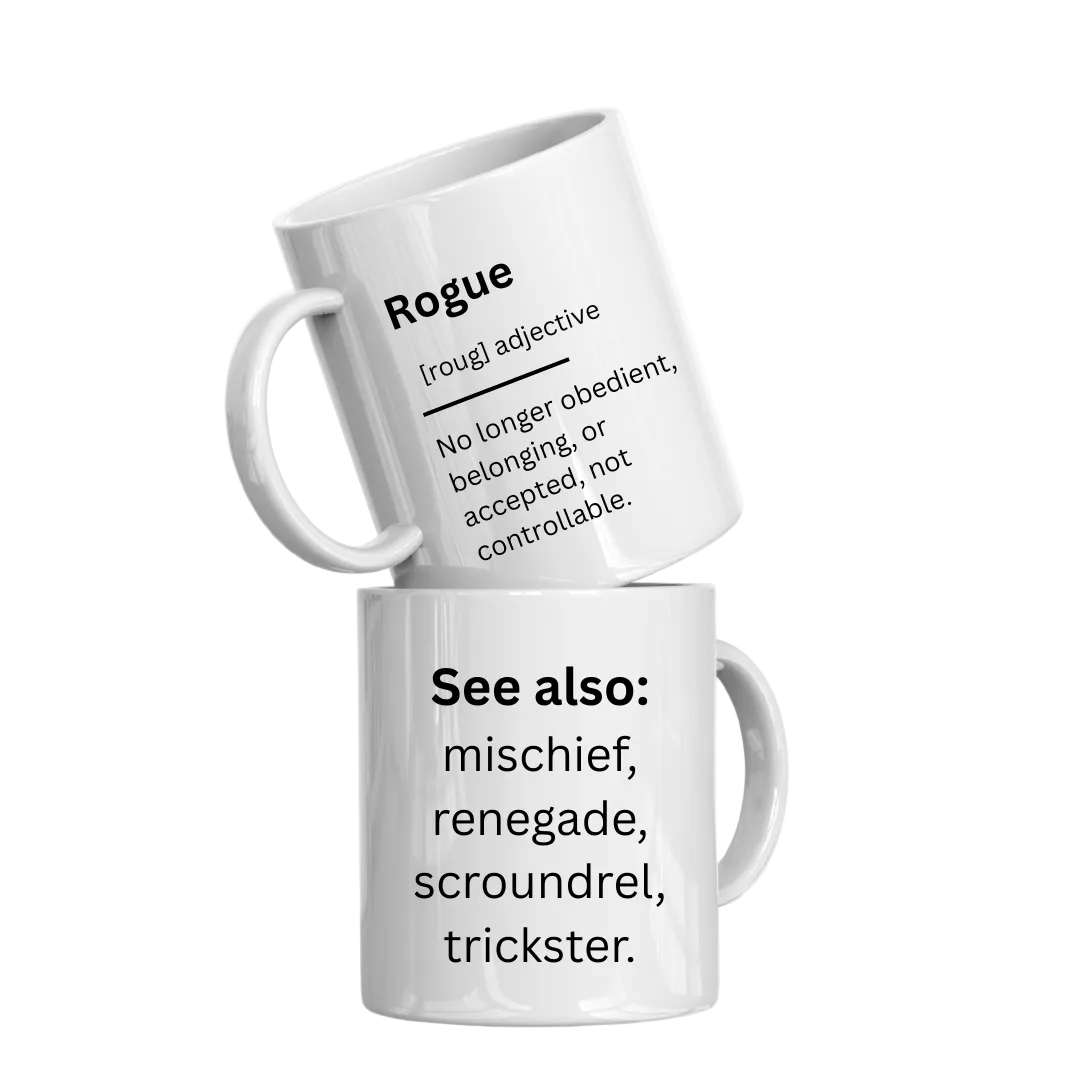 Two white mugs with black text definitions on a white background