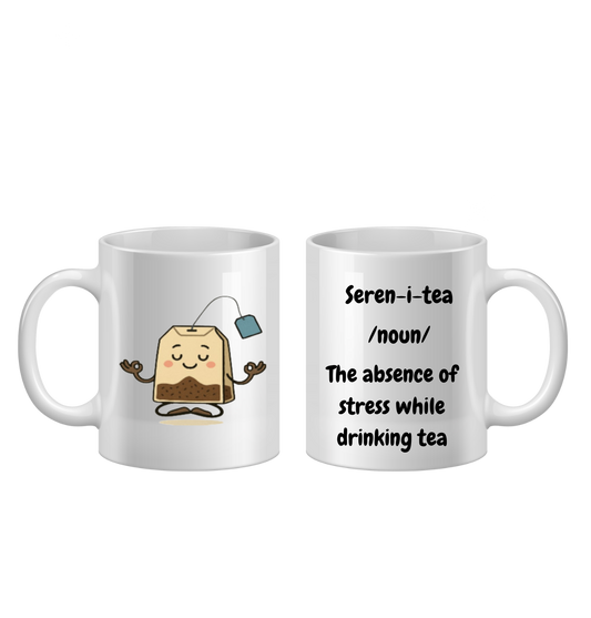 Two white mugs with a tea bag character and text on a white background