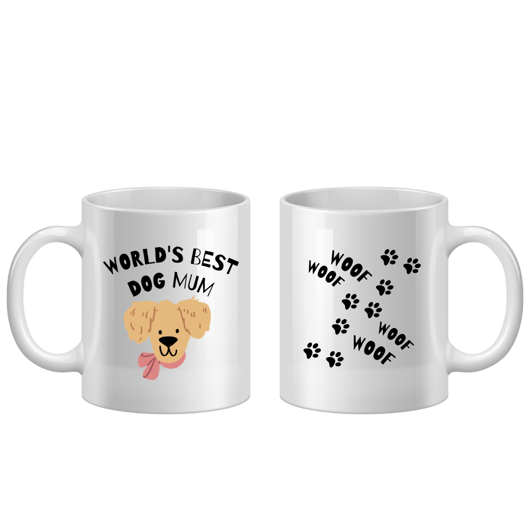 Two white mugs with dog-themed designs on a white background
