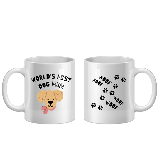 Two white mugs with dog-themed designs on a white background