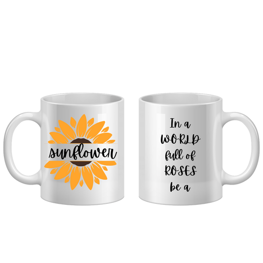 Two white mugs with sunflower design and text on a white background