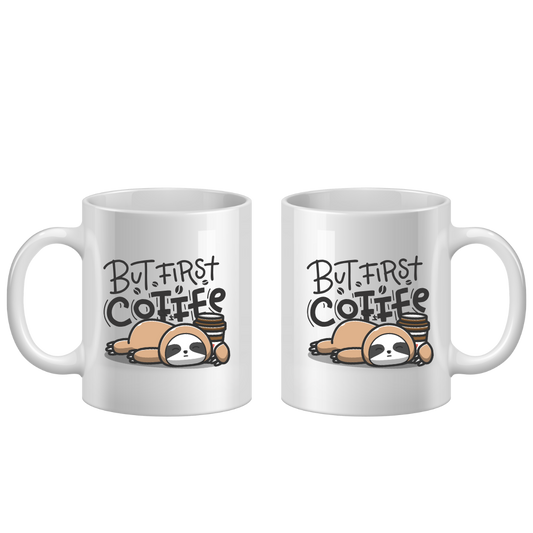 Two white mugs with a sloth design and 'But First Coffee' text on a white background