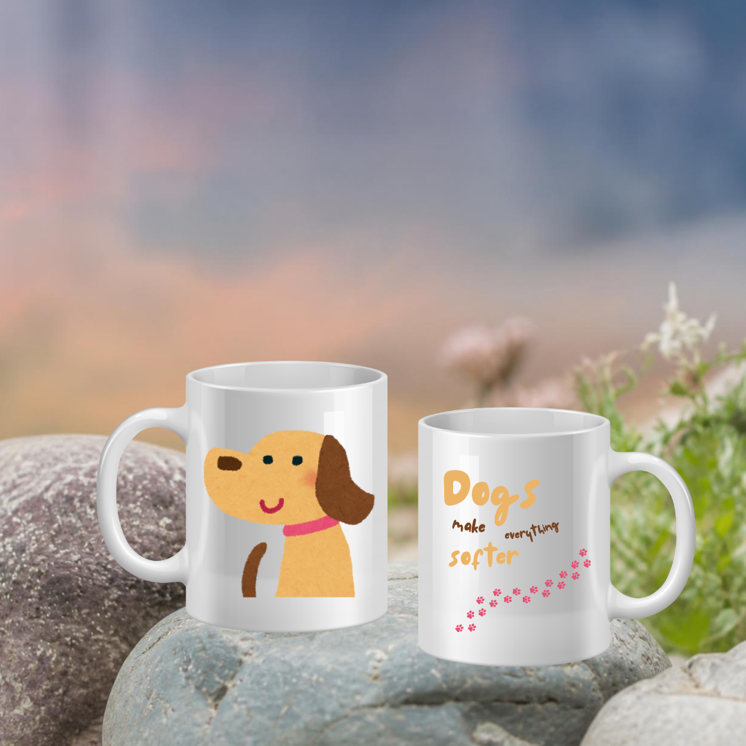 Two mugs with dog illustrations and text on a natural background