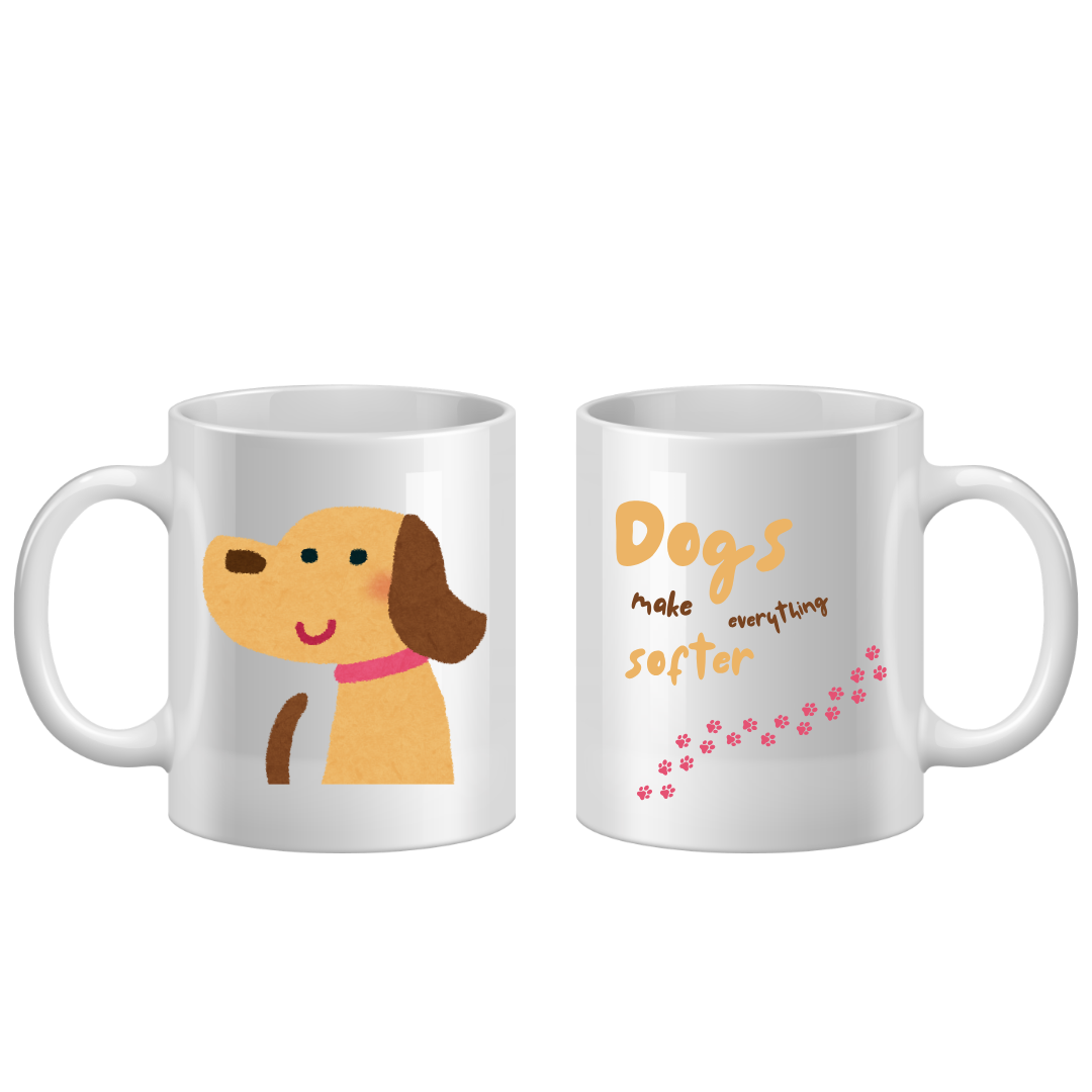 Two white mugs with a cartoon dog and text on a white background