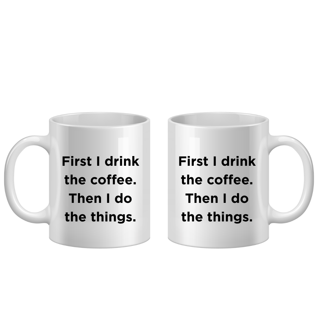 Two white mugs with black text on a white background