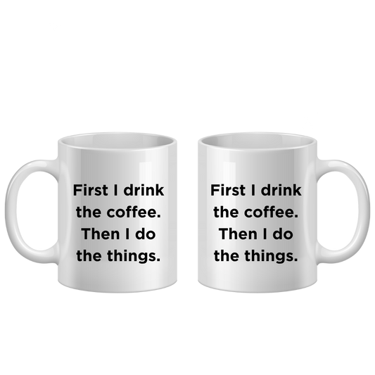 Two white mugs with black text on a white background