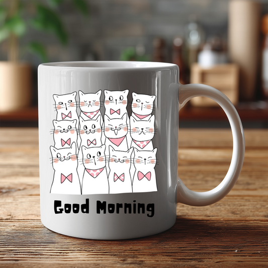 White mug with cat illustration and 'Good Morning' text on a wooden surface