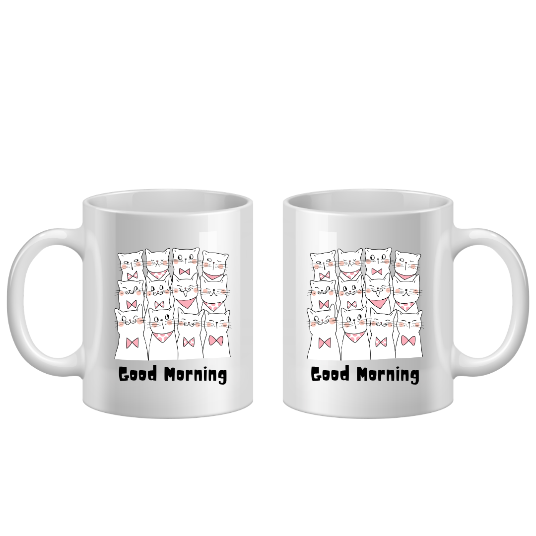 Two white mugs with cat illustrations and 'Good Morning' text on a white background
