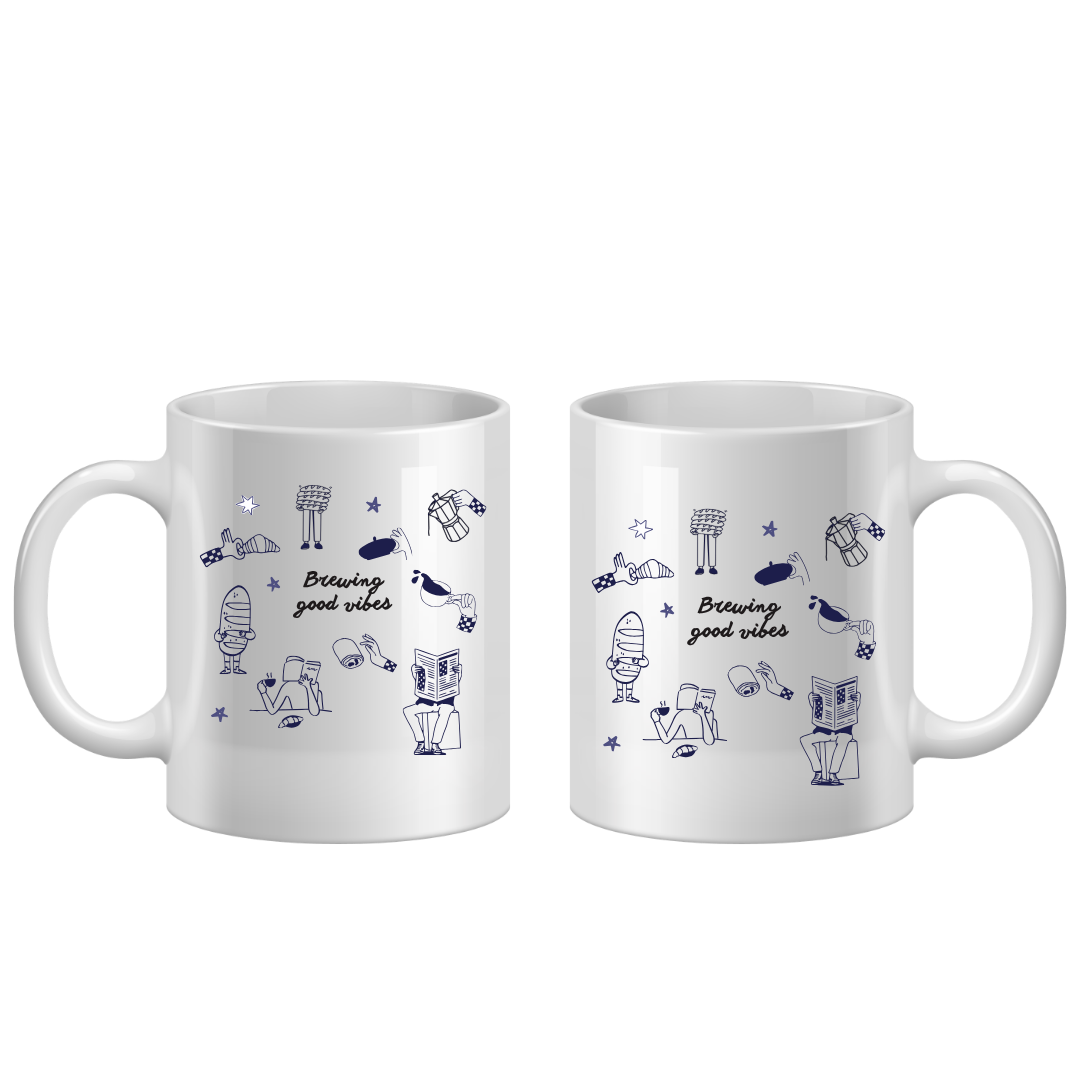 Two white mugs with blue illustrations and text on a white background