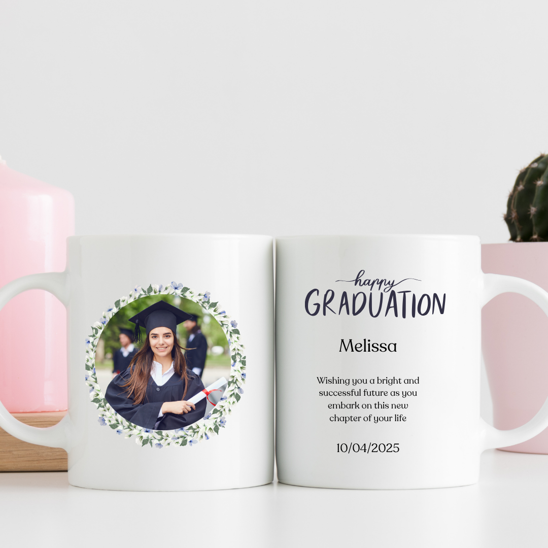 Graduation-themed mug with a photo of a graduate and personalized text on a white background.