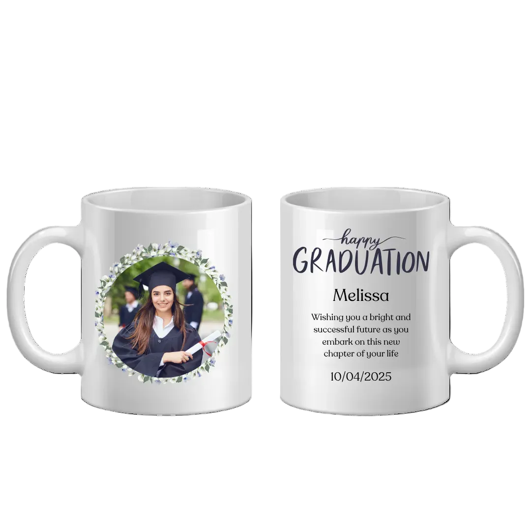 Graduation-themed mug with a photo of a graduate and personalized text on a white background