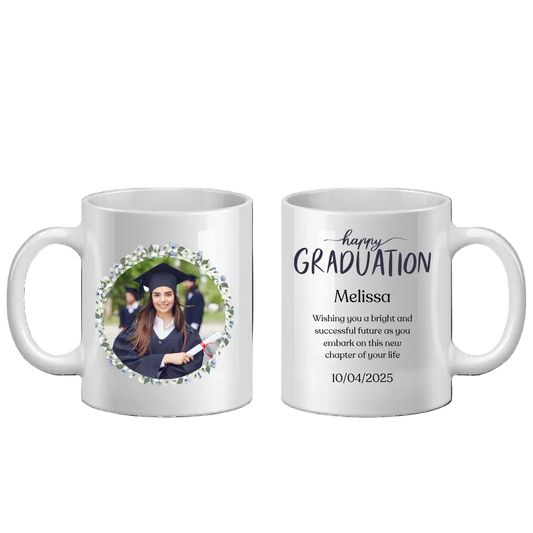Graduation-themed mug with a photo of a graduate and personalized text on a white background