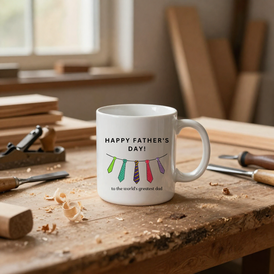 White mug with 'Happy Father's Day!' text and tie design on a wooden workbench with tools.
