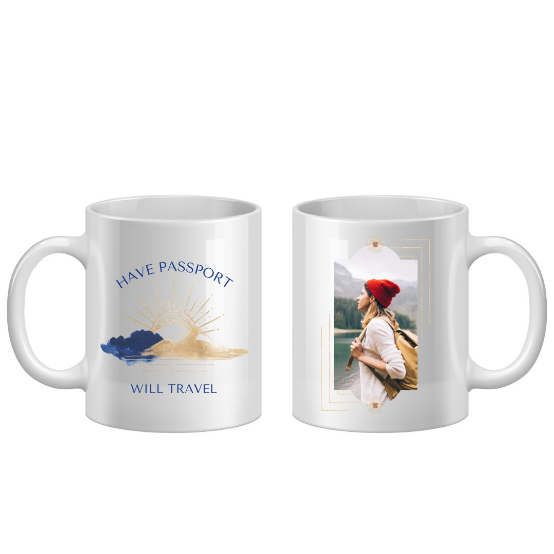 Two white mugs with travel-themed designs on a white background