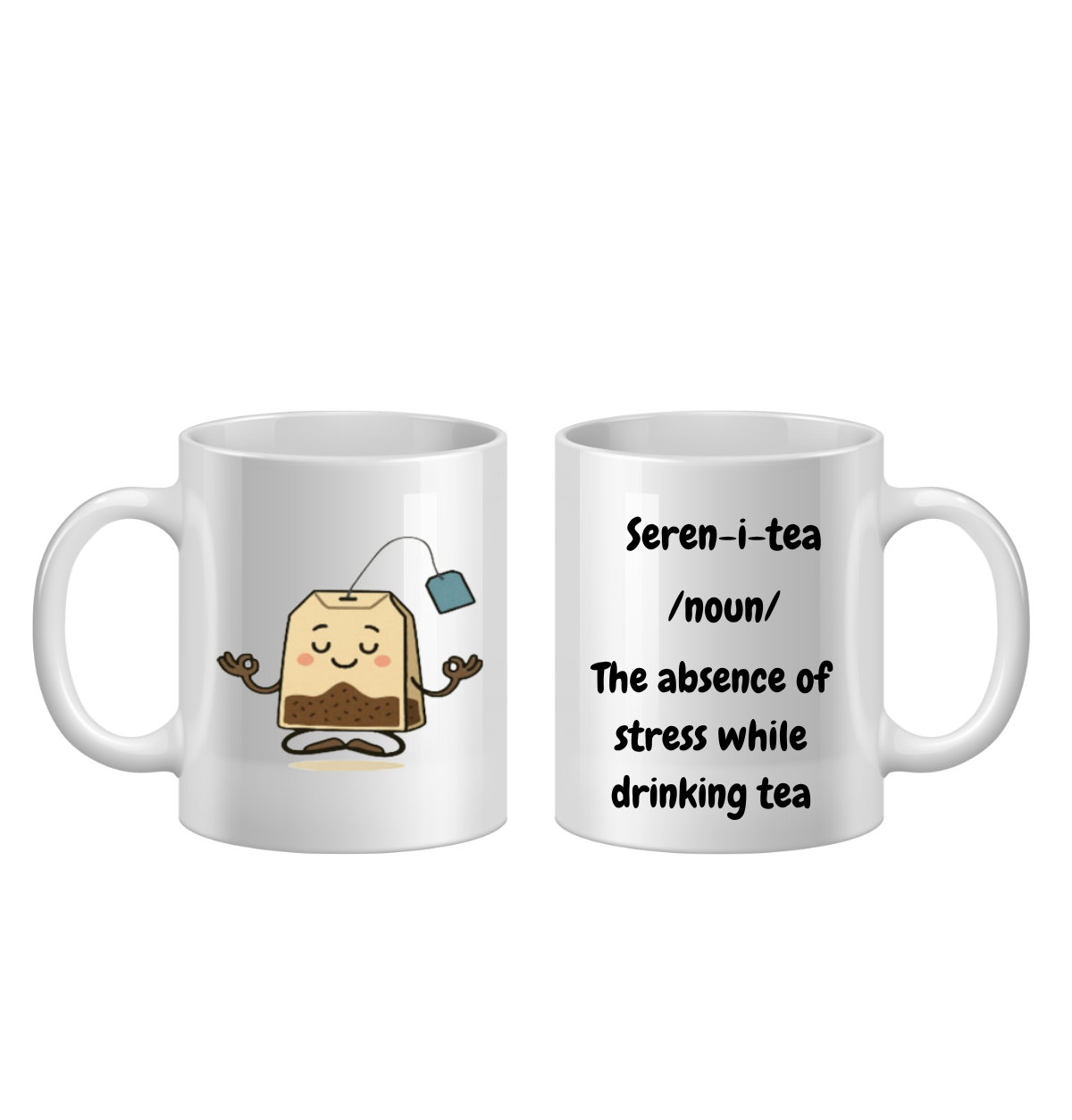 Two white mugs with a tea bag character and text on a white background