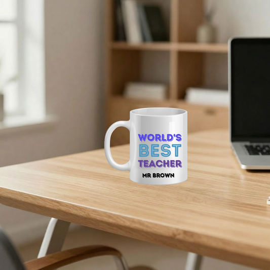 White mug with 'World's Best Teacher' text on a wooden desk.