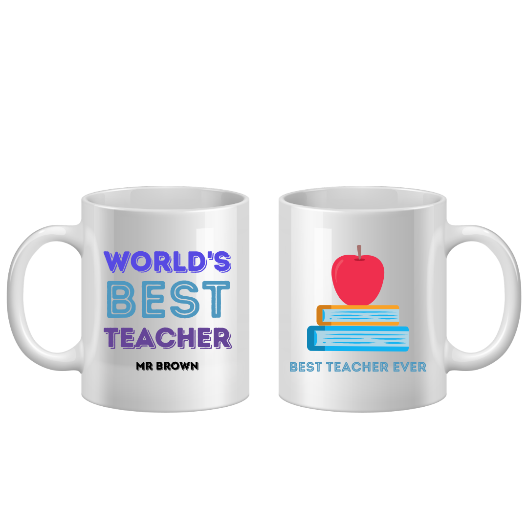 Two white mugs with teacher-themed designs on a white background