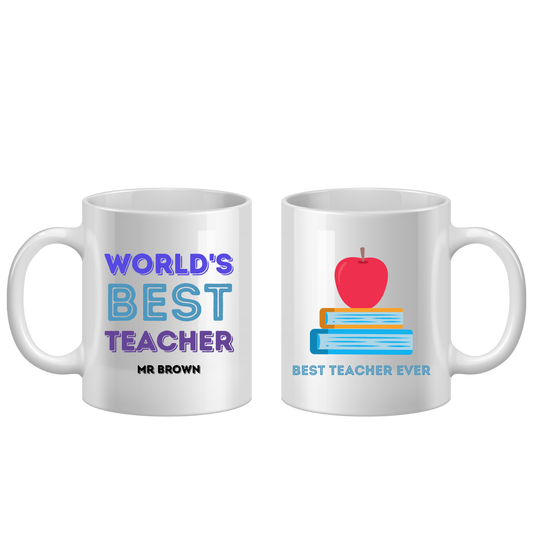 Two white mugs with teacher-themed designs on a white background